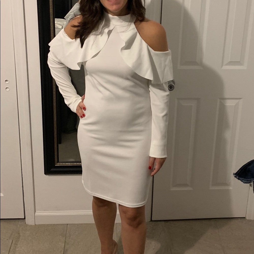 Long sleev white cold shoulder dress